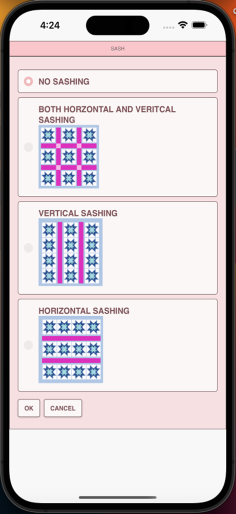 Quilt Pattern Creator - Sashing selection screen in the Quilt Pattern Creator app showing horizontal and vertical layout options