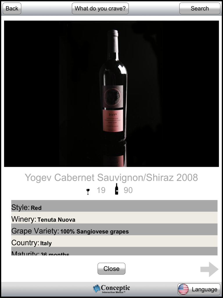 Digital wine menu showing bottle information and pricing for restaurants