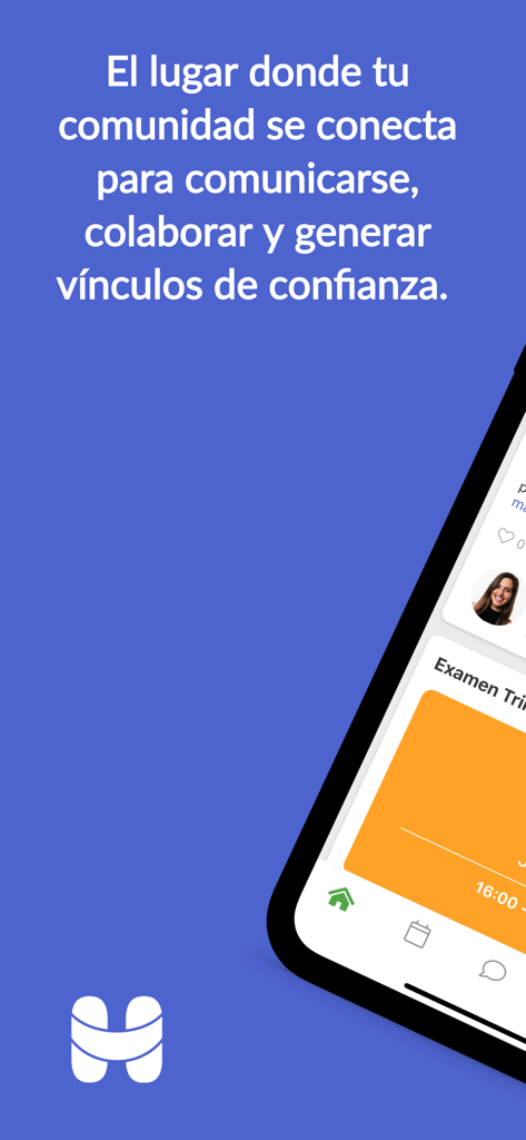 Handing - Handing mobile app screen showing school communication features and a community message in Spanish.