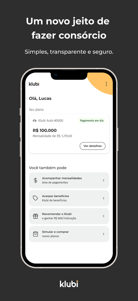 Dashboard of the Klubi finance app displaying a car consortium plan status