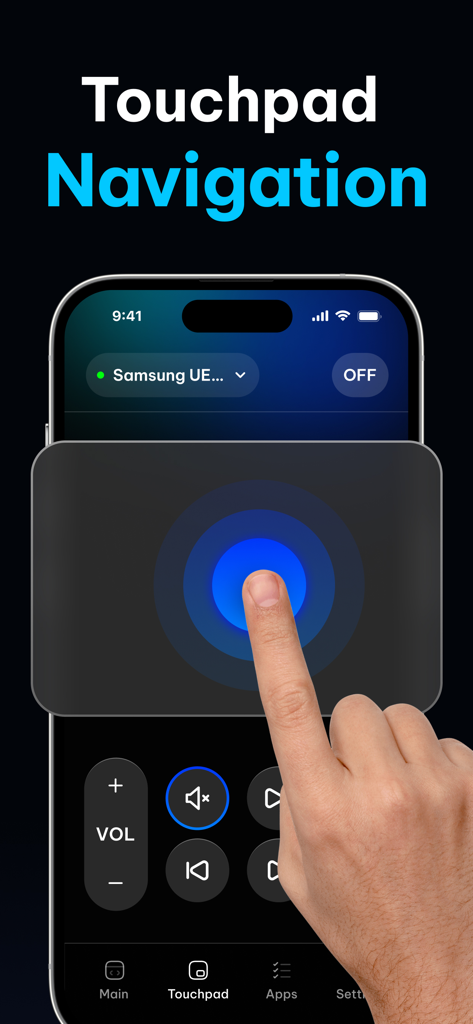 iPhone screen displaying the touchpad navigation feature for controlling a Samsung TV
