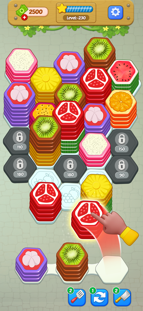 Color Hexa Master: Sort Puzzle - A hand dragging a strawberry hexagon stack on a puzzle board in Color Hexa Master Sort Puzzle.