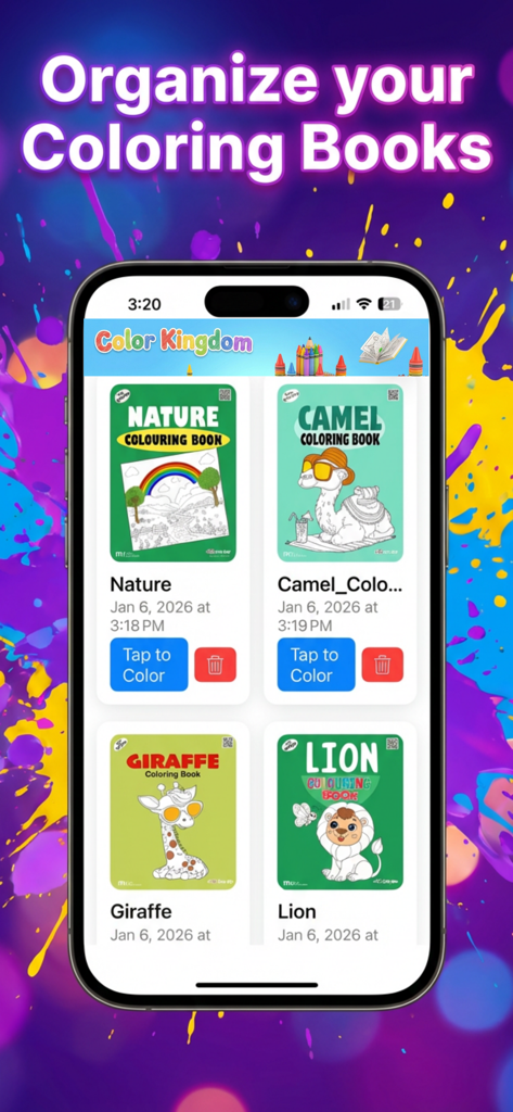 Color Kingdom - Screenshot of Color Kingdom app showing a digital library with nature and animal coloring books organized on a smartphone screen.