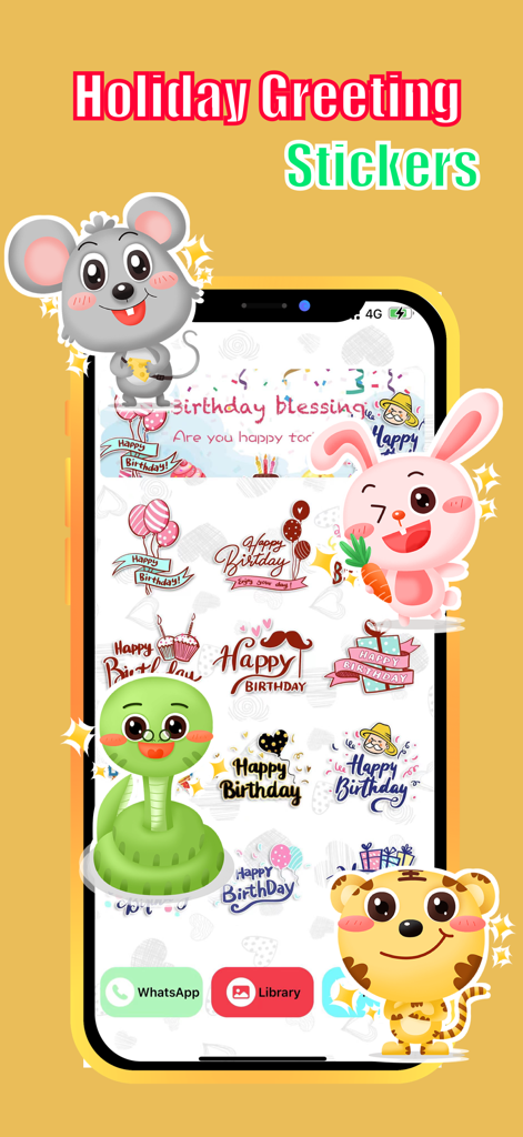 A variety of cute cartoon animal stickers and birthday greeting graphics within the Daily Stickers app interface.