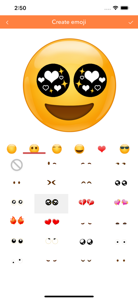 Interface of the WASticker emoji maker app showing a custom yellow face with heart eyes and various eye design options