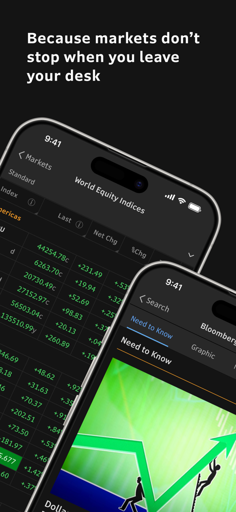 Application Bloomberg Professional sur smartphone affichant les indices boursiers mondiaux et les données de marché en temps réel