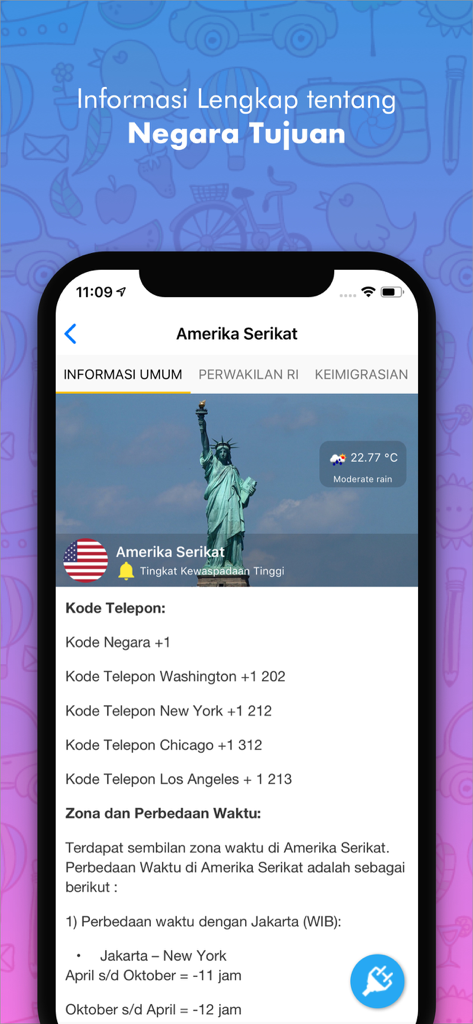Safe Travel - Una pantalla de aplicación móvil que muestra información de viaje para los Estados Unidos, incluyendo códigos telefónicos locales, diferencias horarias y una foto de la Estatua de la Libertad.