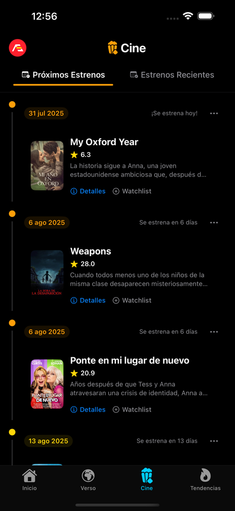 Cineverso - Cineverso app interface showing a timeline of upcoming movie releases with dates and ratings