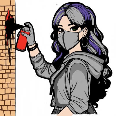 realistic girl with mask spray painting a wall
