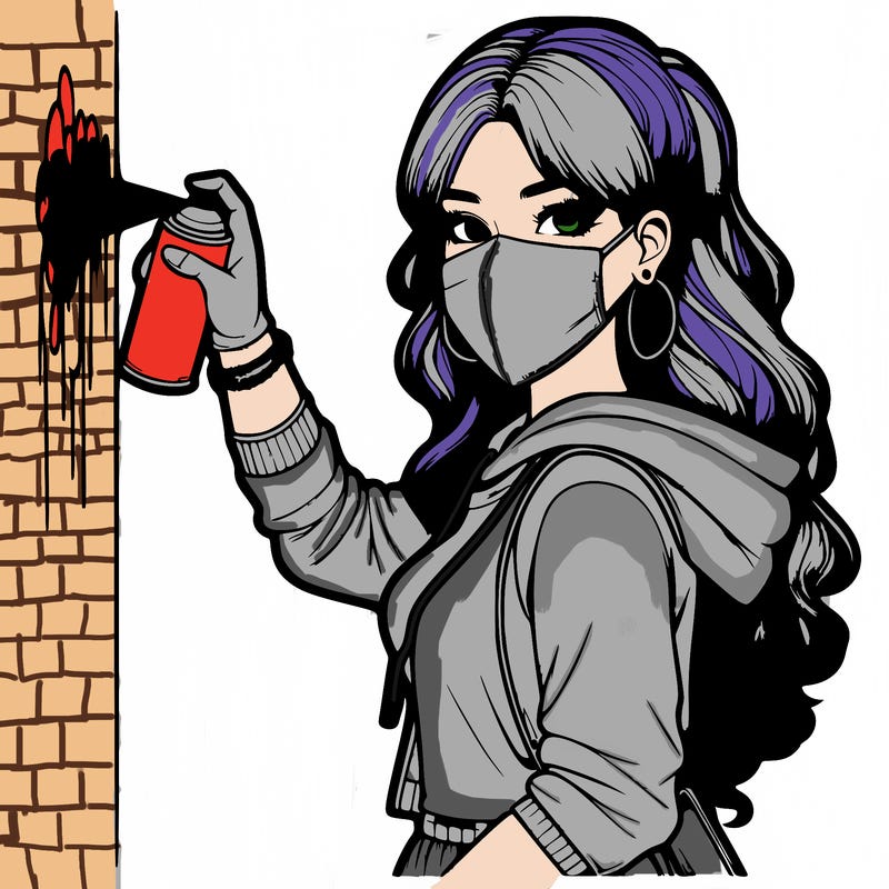 realistic girl with mask spray painting a wall