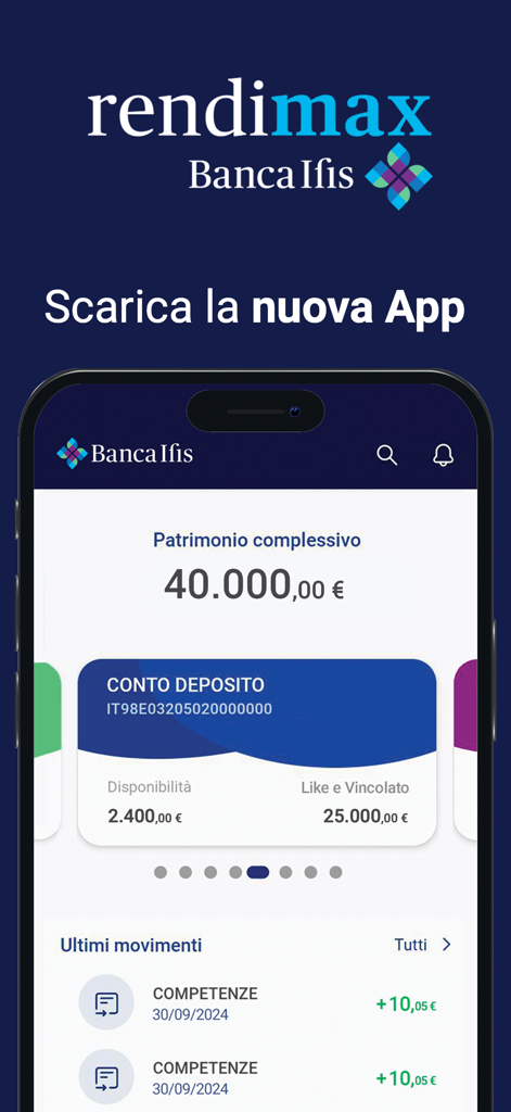 Rendimax Mobile App-Oberfläche zeigt einen Gesamtbetrag von 40.000 Euro und Details zum Sparkonto
