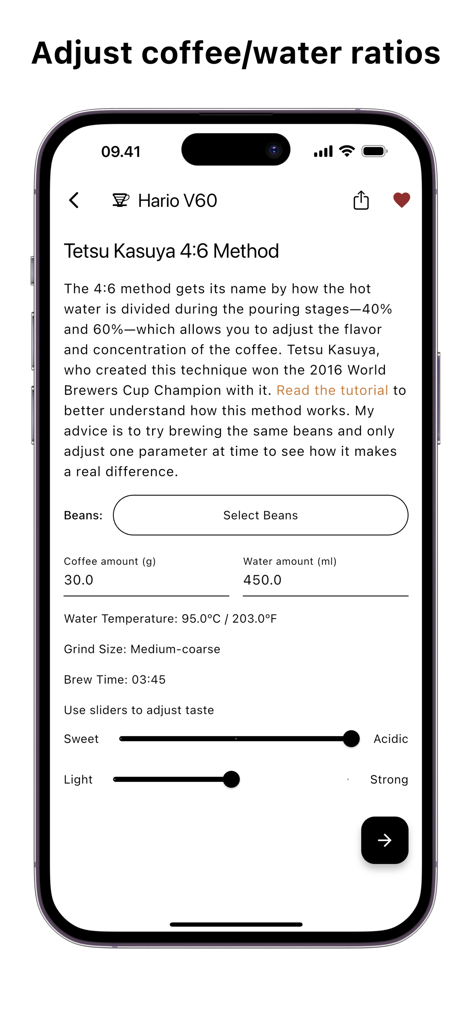 Timer.Coffee - Pantalla de aplicación móvil que muestra una calculadora de preparación de café para el Hario V60 utilizando el método Tetsu Kasuya con proporciones de café y agua ajustables.