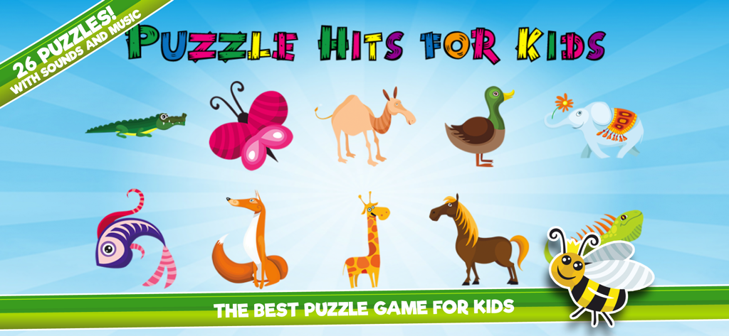 Main menu of the jigsaw puzzles app showing various colorful cartoon animals like a giraffe, elephant, and fox.