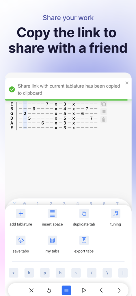 TabMaker - Guitar Tab Editor - A mobile app interface for TabMaker showing a guitar tab with a notification confirming a share link has been copied to the clipboard.