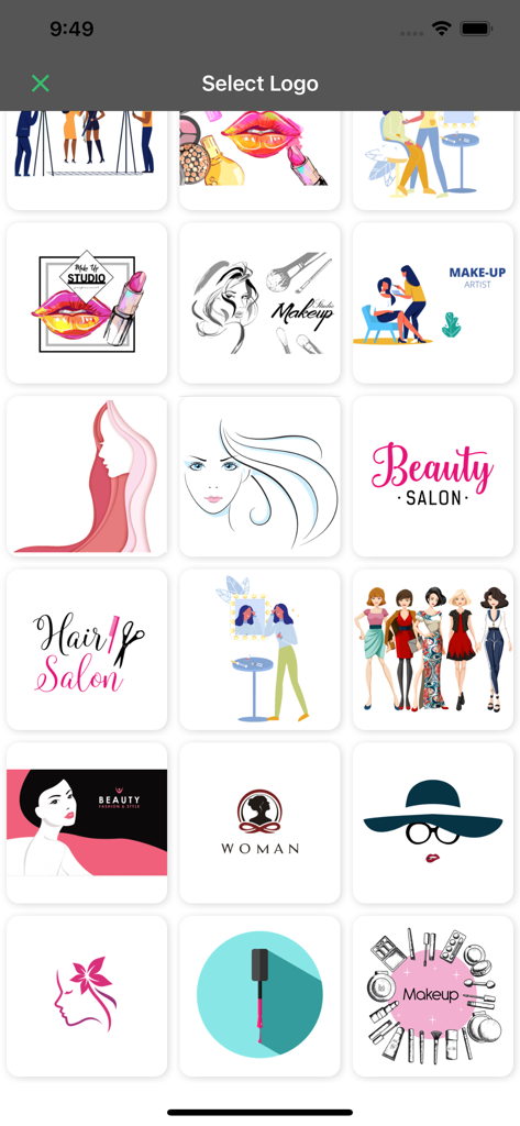 Tela de aplicativo móvel exibindo vários modelos de logos para salões de beleza e maquiadores