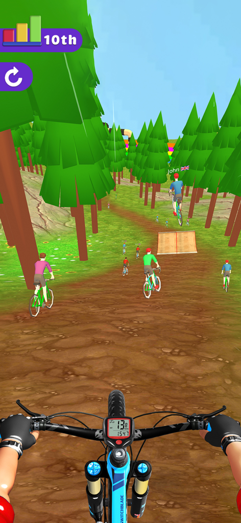 BMX Bike Rider - Bicycle Games - 멀티플레이어 게임에서 숲길을 질주하는 BMX 바이크의 1인칭 시점