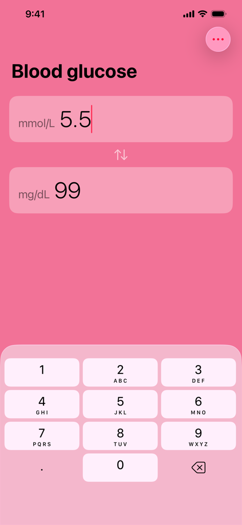 血糖値コンバーターアプリのインターフェイス。5.5 mmol/Lから99 mg/dLへの変換が表示されています