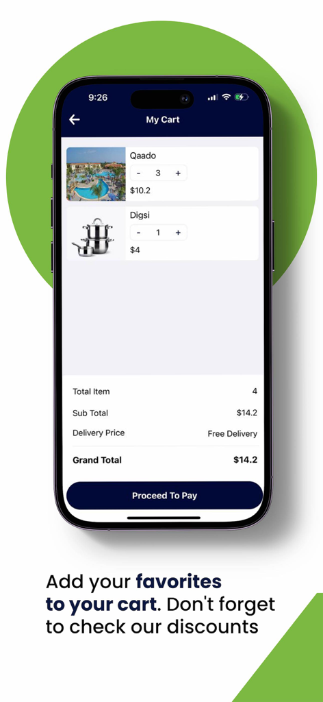 A smartphone displaying the Geenyo app shopping cart screen with items, pricing details, and a proceed to pay button.
