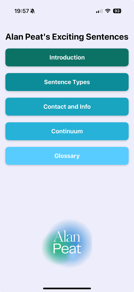 Alan Peat's Exciting Sentences - Home screen of Alan Peat Exciting Sentences app showing navigation buttons for sentence types and teaching resources