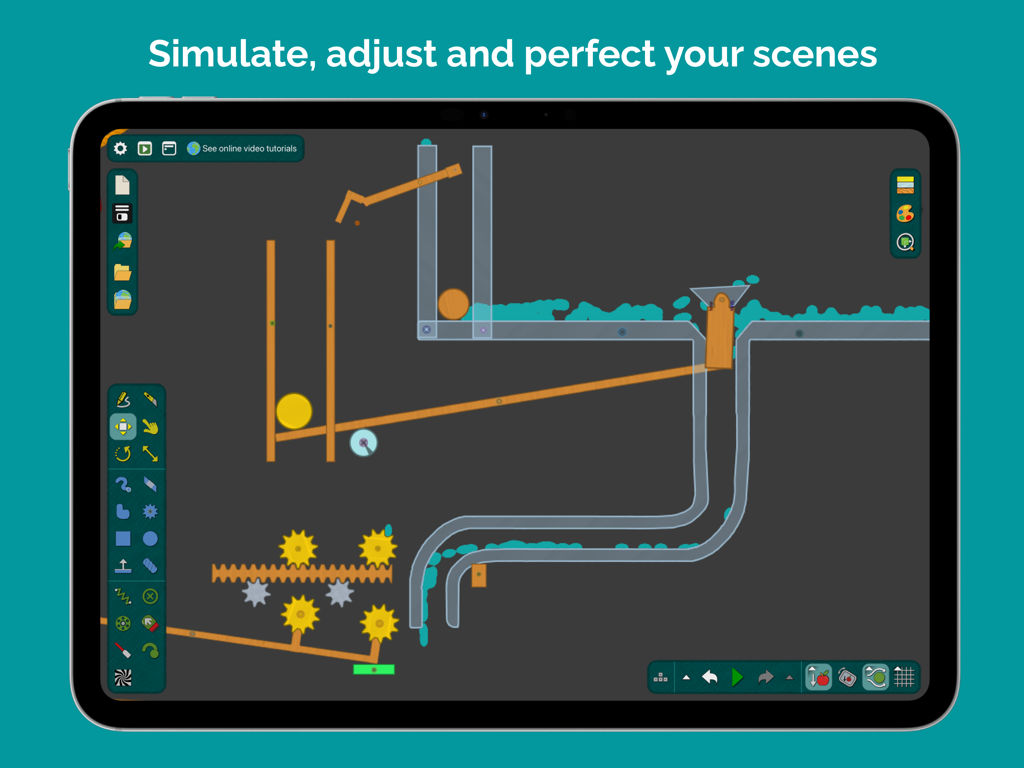 Algodoo - A 2D physics simulation in Algodoo on an iPad showing gears and fluid mechanics