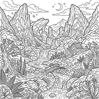 Step into a world of untouched beauty with our exquisite hidden valley coloring page, designed for relaxation and creative expression. Explore majestic mountains, cascading waterfalls, and a charming forest dwelling as you bring this serene landscape to life.