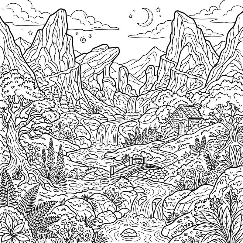 Step into a world of untouched beauty with our exquisite hidden valley coloring page, designed for relaxation and creative expression. Explore majestic mountains, cascading waterfalls, and a charming forest dwelling as you bring this serene landscape to life.