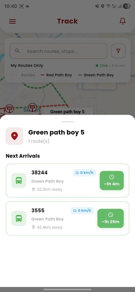Mwasalat Shuttle - Tiempos de llegada del shuttle en tiempo real y rastreo de ruta en la interfaz de la aplicación móvil Mwasalat Shuttle
