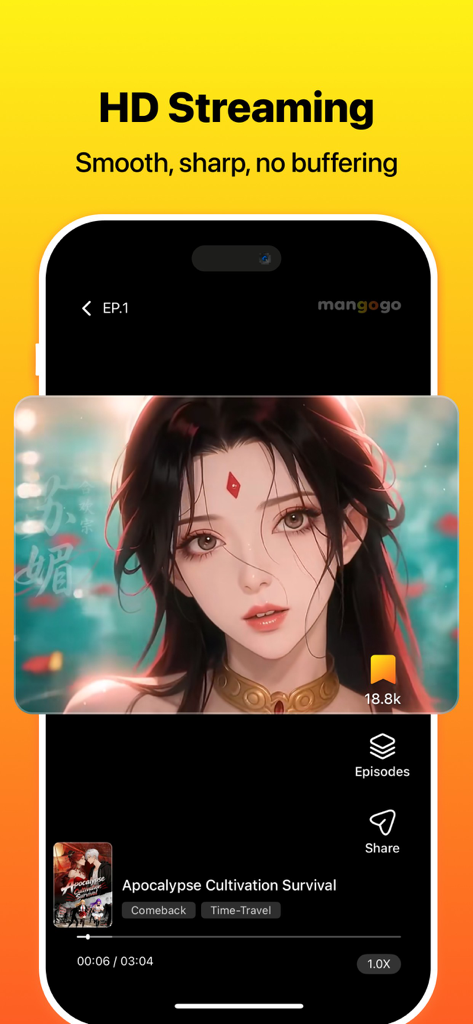 Mangogo – Original Anime - Smartphone screen showing an HD anime short with smooth streaming on the Mangogo app.