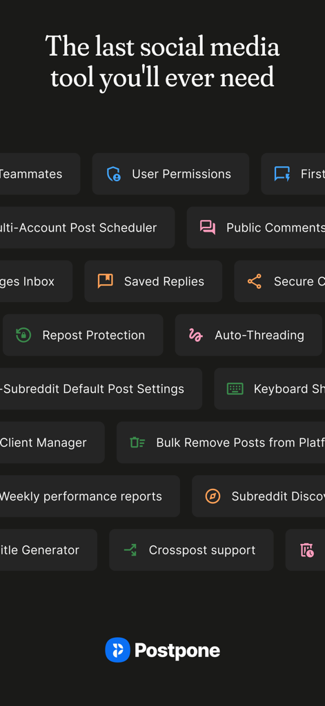 Postpone: Social Media Manager - Liste der Social-Media-Management-Funktionen der Postpone App, einschließlich Beitragsplanung und Tools für Subreddits