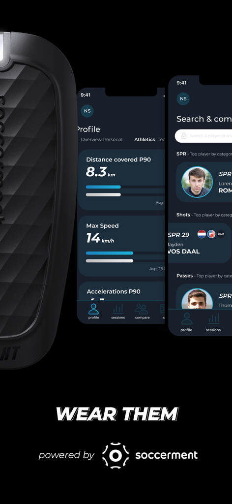 XSEED - Interfaz de espinilleras inteligentes XSEED y aplicación móvil que muestra métricas atléticas y datos de rendimiento de jugadores de fútbol