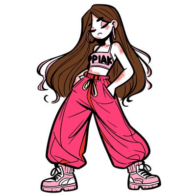 girl in baggy pants crop top and long hair