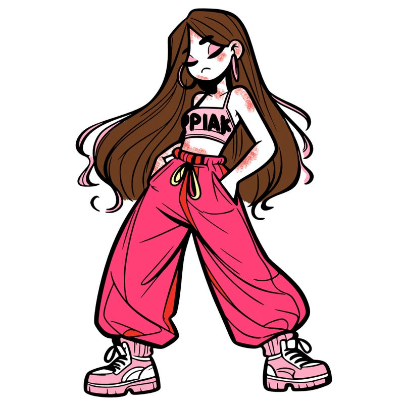 girl in baggy pants crop top and long hair