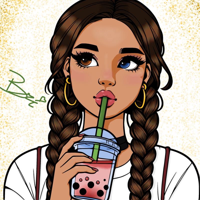 realistic girl with braided hair drinking boba