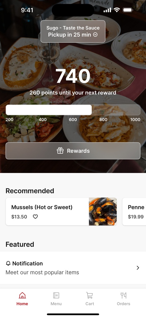 Sugo - Taste the Sauce - Sugo app home screen showing loyalty points tracker and recommended food items