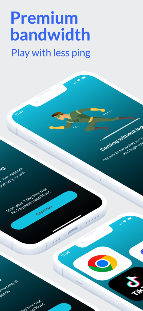 GamingVPN mobile app interface showing premium bandwidth and low ping features for gamers
