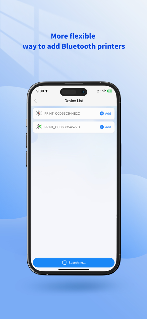 LXED - LXED app screen showing a list of available Bluetooth printers to connect for ticket printing