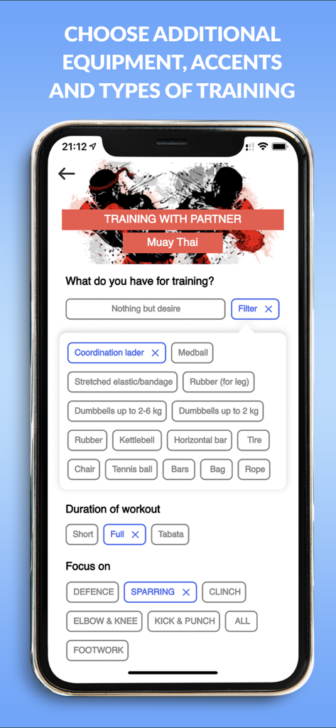 Champ Training: Boxing MMA MT - Pantalla de la aplicación Champ Training que muestra opciones de filtro para equipo de deportes de combate, duración del entrenamiento y enfoque técnico
