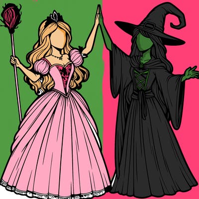 detailed realistic split of a princess and a witch