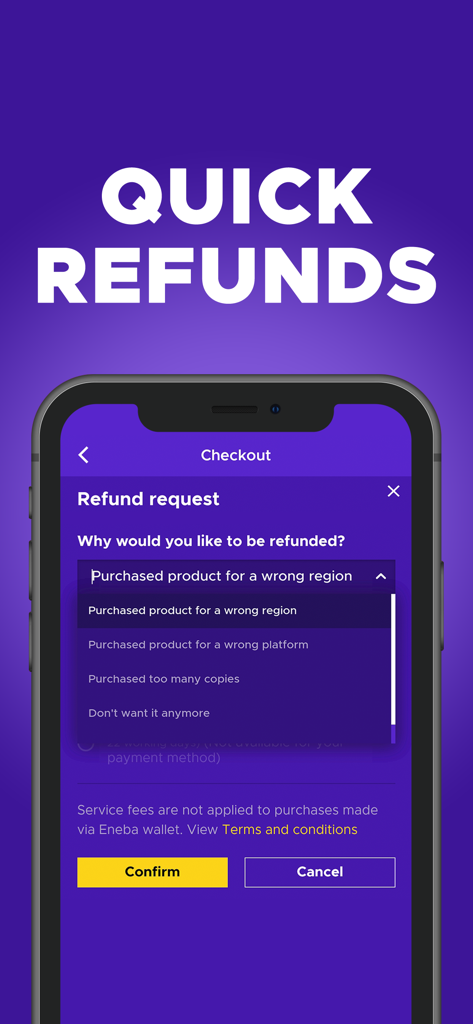 Capture d'écran de la demande de remboursement de l'application Eneba montrant des options et des raisons de remboursement rapides sur un appareil mobile.