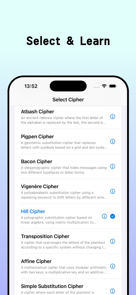 Classical Ciphers - A list of various classical cryptography methods like Atbash and Pigpen ciphers in the Classical Ciphers app selection menu.