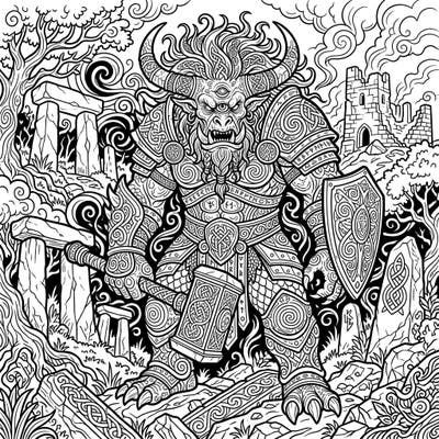 Embark on an epic coloring journey with this formidable Fomorian warrior from Irish mythology. This highly detailed design is crafted specifically for adults seeking an intricate and immersive creative escape.