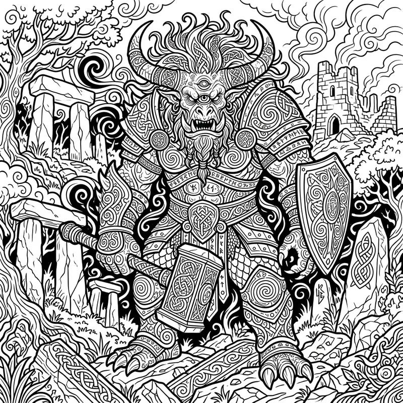 Embark on an epic coloring journey with this formidable Fomorian warrior from Irish mythology. This highly detailed design is crafted specifically for adults seeking an intricate and immersive creative escape.