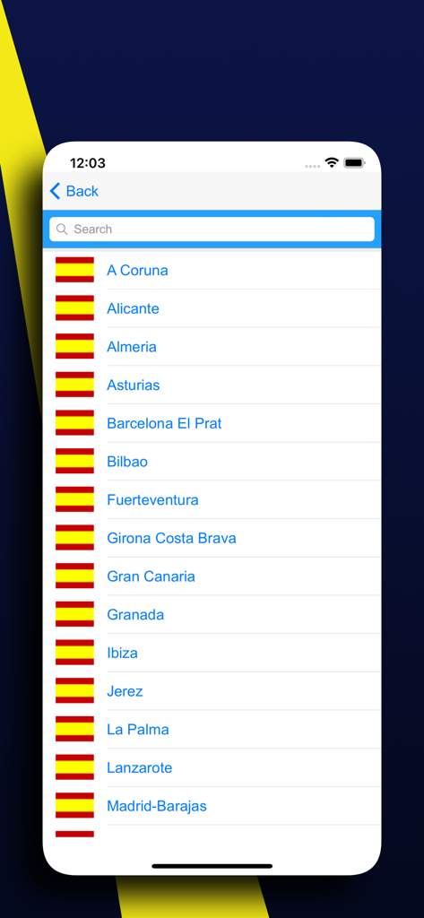Elenco delle destinazioni aeroportuali spagnole nell'app radar voli Iberia