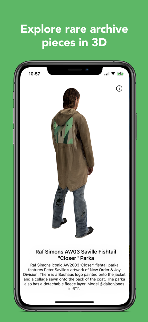 MDLA Runway - Fashion Design - MDLA Runway app interface displaying a 3D view of a rare Raf Simons archival parka with historical context.