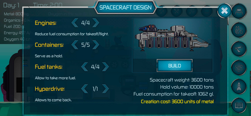 Random Space: Survival - Spacecraft design interface showing ship stats and component upgrades in Random Space Survival.
