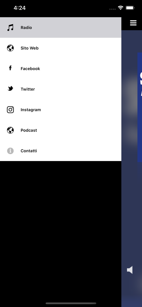 Menu di navigazione laterale dell'app RadioSportiva Live con collegamenti a radio, social media e podcast