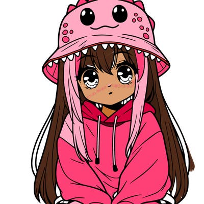 girl with anime shaped eyes with a dinosaur bucket hat oversized sweatshirt long straight hair