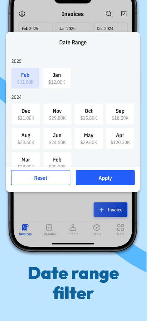 Tiny Invoice - Invoice Maker - A mobile app interface showing a date range filter to select months and view corresponding invoice totals for business tracking.