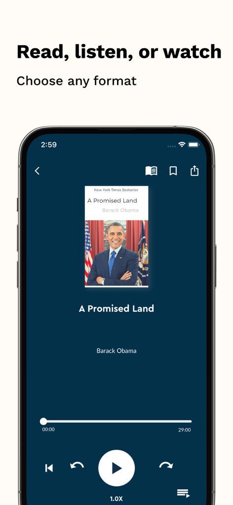SumizeIt: Daily Book Summaries - Interface do player de áudio do aplicativo SumizeIt exibindo um resumo de Uma Terra Prometida, de Barack Obama