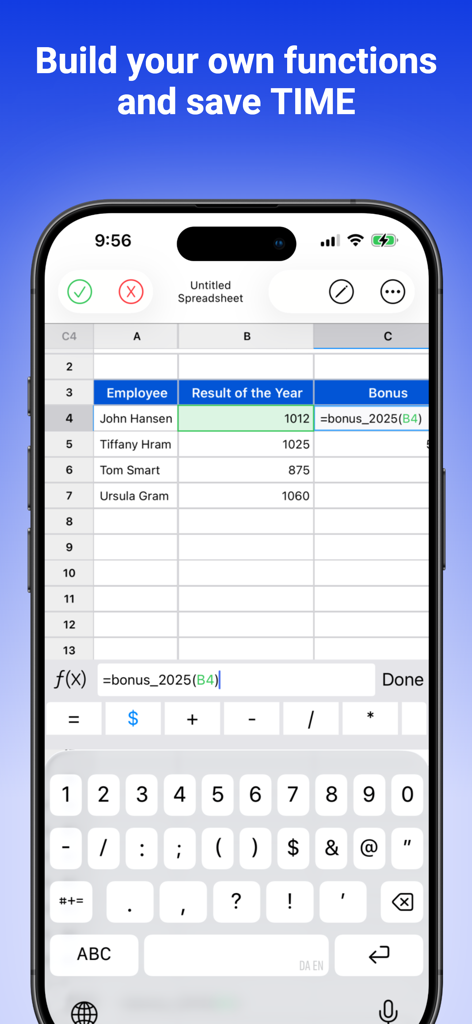 iPhone interface of The Spreadsheet App showing a user building custom functions to save time